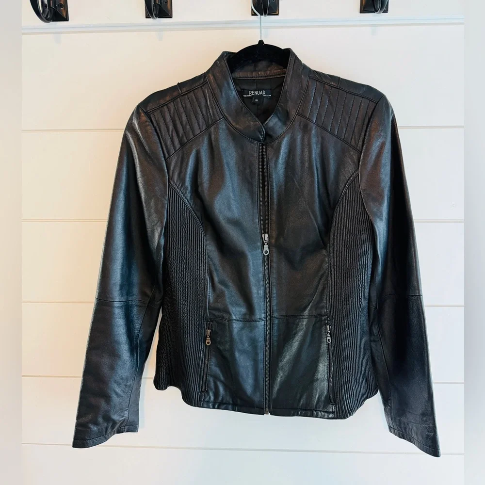 Renuar Black Leather Jacket, Size 10 - Picture 1 of 9